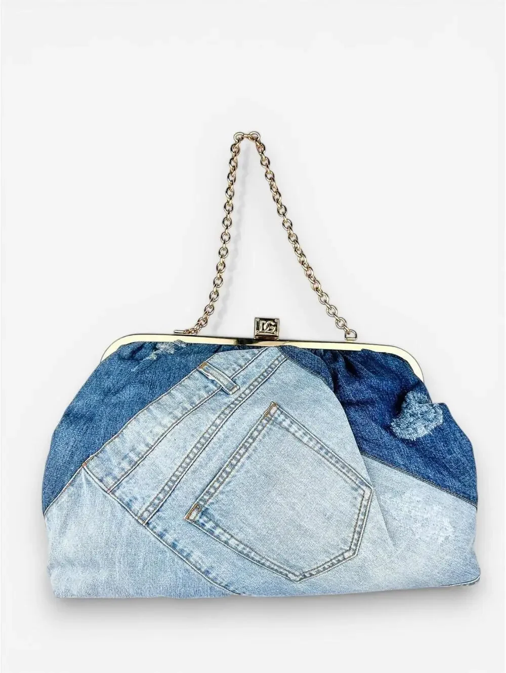 Dolce & Gabbana Patchwork Denim Frame Bag Gold Chain | Rare Collector NWT - Picture 3 of 9